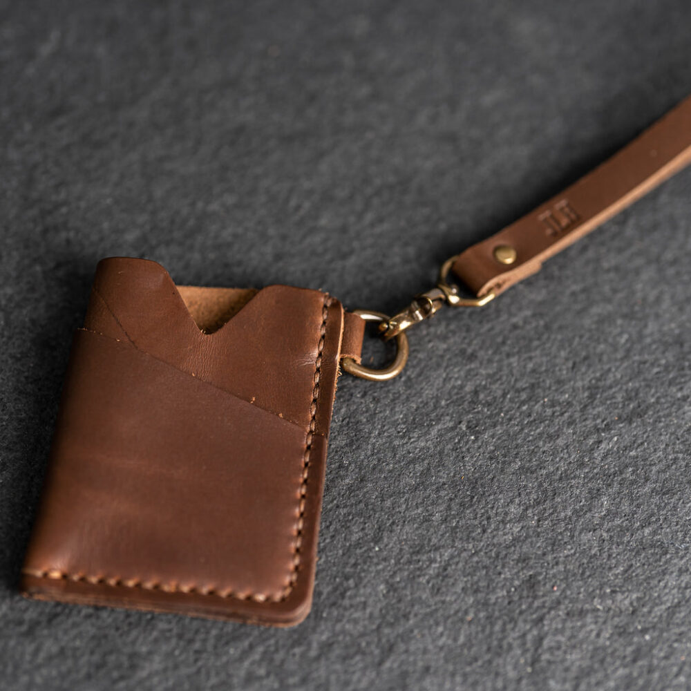 Card Holder Wallet with D-Ring and Optional Wristlet or Lanyard - Personalized Leather Wallet