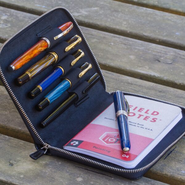 Leather Zippered 5 Slots Pen Case - Black