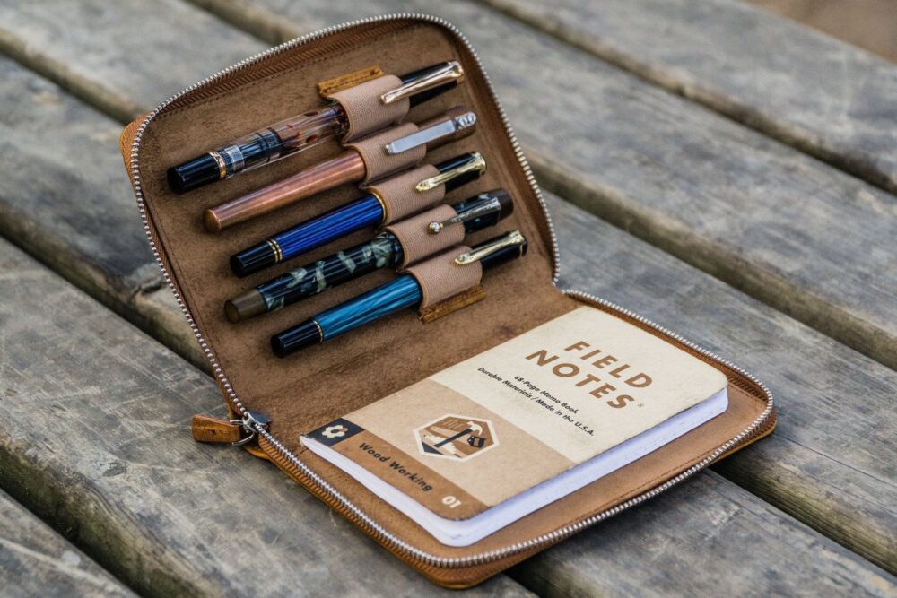 Leather Zippered 5 Slots Pen Case - Crazy Horse Brown